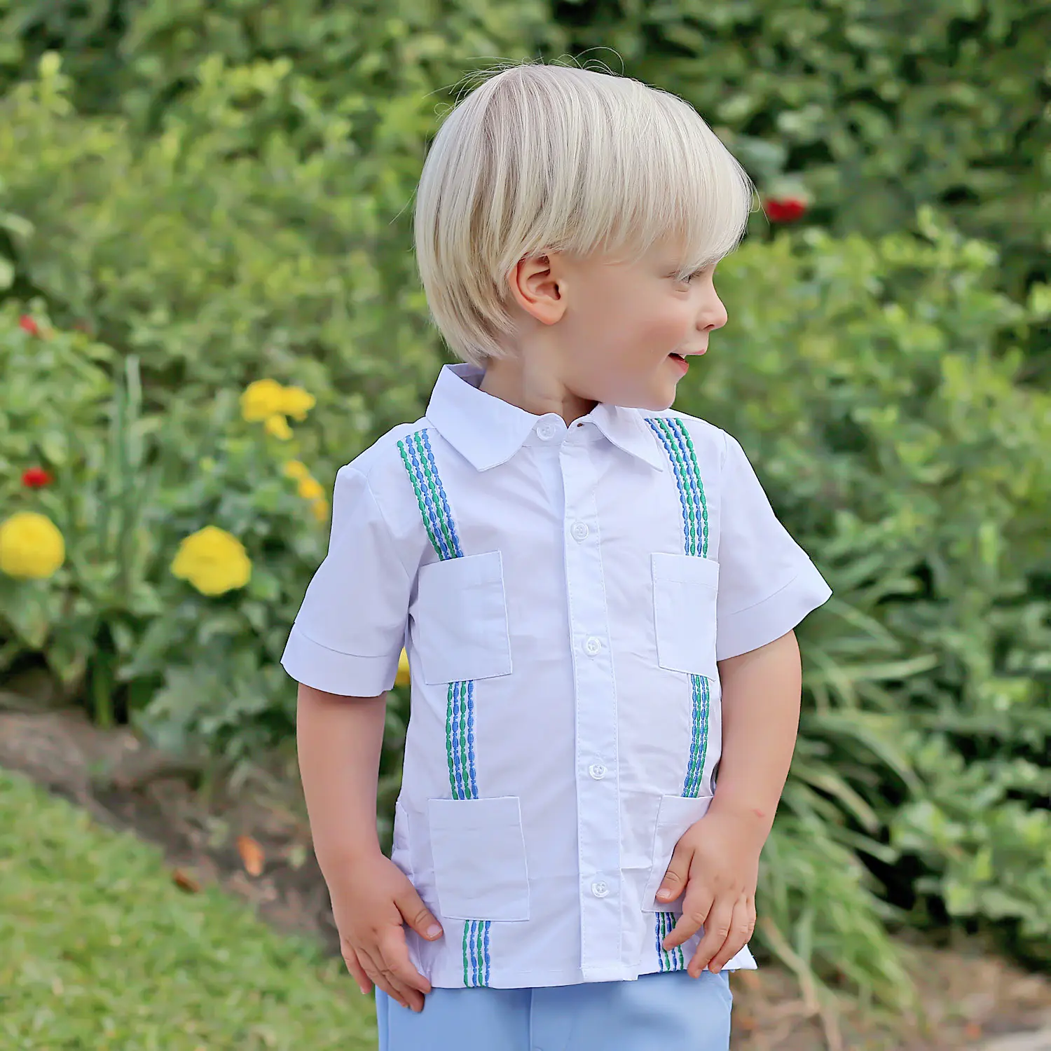White Embroidered Guayabera Shirt - Boys Button Up Short Sleeve Pocket Shirt