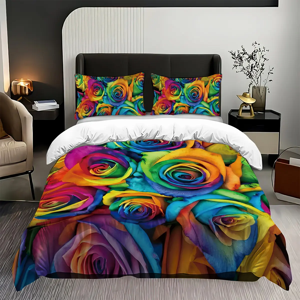 3 Pieces Rainbow Rose Pattern Decorative Bedding Set, Floral Bedding Set, Theme Bedding Set, Tie-dye Flower Duvet Cover with 2 Pillowcases Without Filling, available in all seasons, can be used as a gift, Duvet Cover Sets