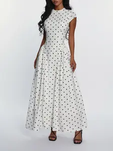 White Polka Dot Maxi Dress Womens Elegant Cap Sleeve Crew Neck A Line Long Dress Slim Fit Fitted Flowy Skirt Vintage French Chic Style Casual Party Wedding Guest Date Night Vacation Summer Streetwear Fashion Dress Womenswear