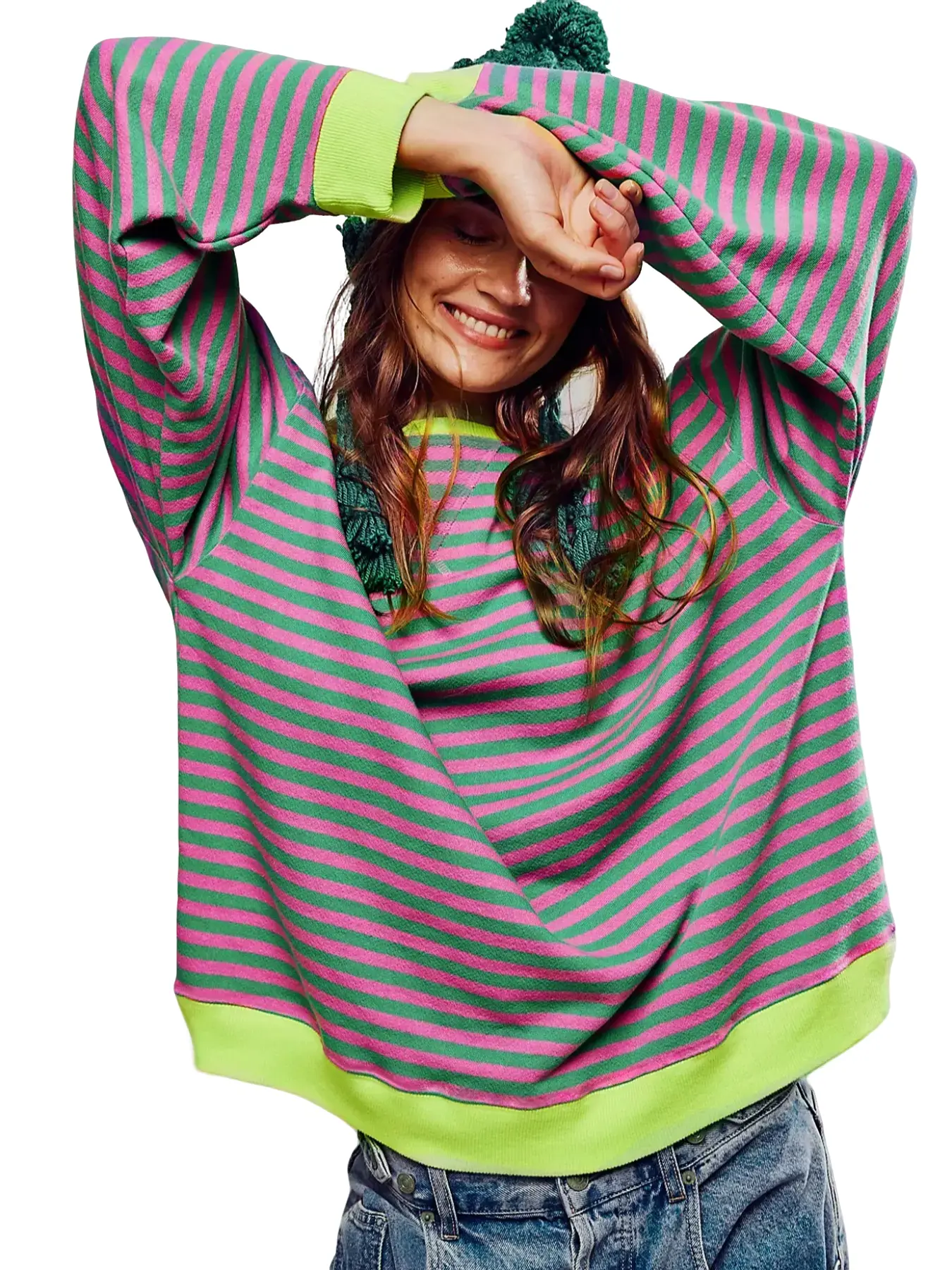 Women's Colorblock Striped Print Contrast Binding Drop Shoulder Sweatshirt, Casual Long Sleeve Round Neck Pullover for Fall & Winter, Ladies Clothes f