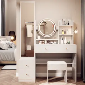 Full Body Mirror Cabinet + Round Mirror LED Vanity Table + Cushioned Stool, 17" diameter LED Mirror, Touch Control, 3-color, Brightness adjustable, Large desktop, Multi-layer High Capacity Storage side cabinet Furniture Modern