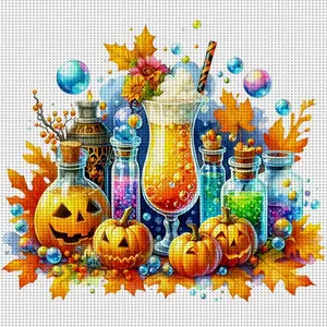 Autumn Magic Halloween Cross Stitch Kit, 11 Grids DIY Colorful Embroidery Design, Home Wall Decor Gift, Frameless, 14.17x14.17 Inches