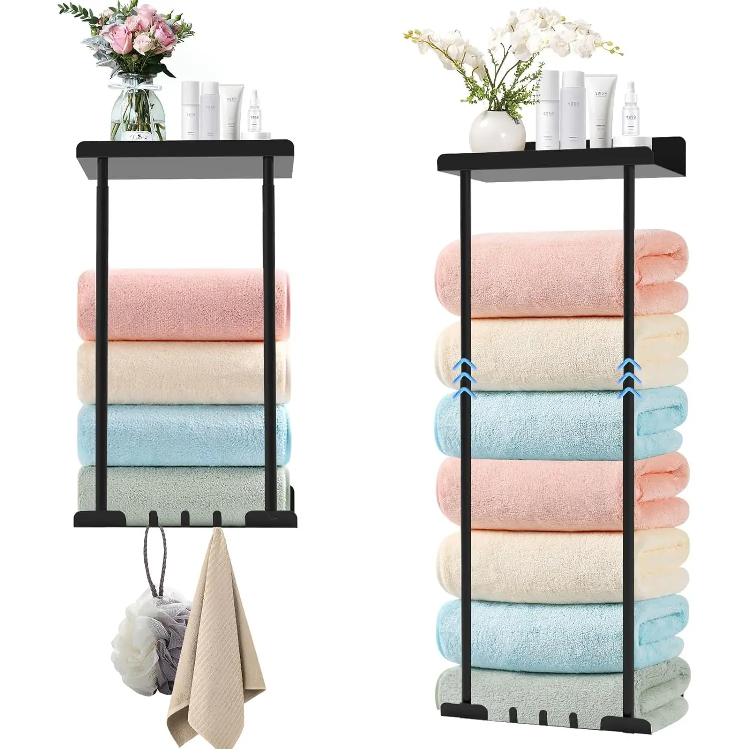 Hommtina Modern Black Retractable Height Metal Towel Rack - Wall-Mount Bathroom Accessory with Reliable Hooks, Large-Capacity Rolled Towel Storage, Rust-Proof, Durable, Storage Organization, Easy Installation, Ideal Housewarming Gift for Friends/Relatives