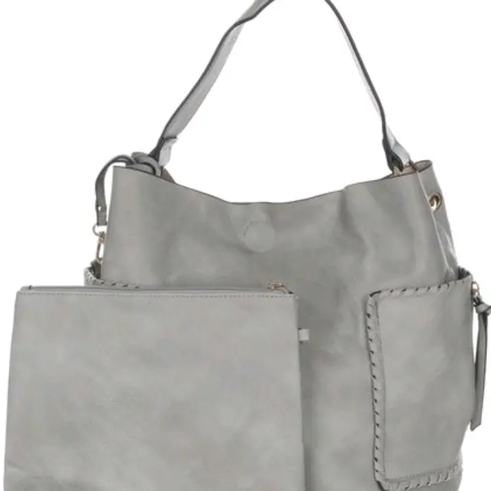 .Malibu Sky 2 Pc Faux Leather Tote & Pouch - Grey