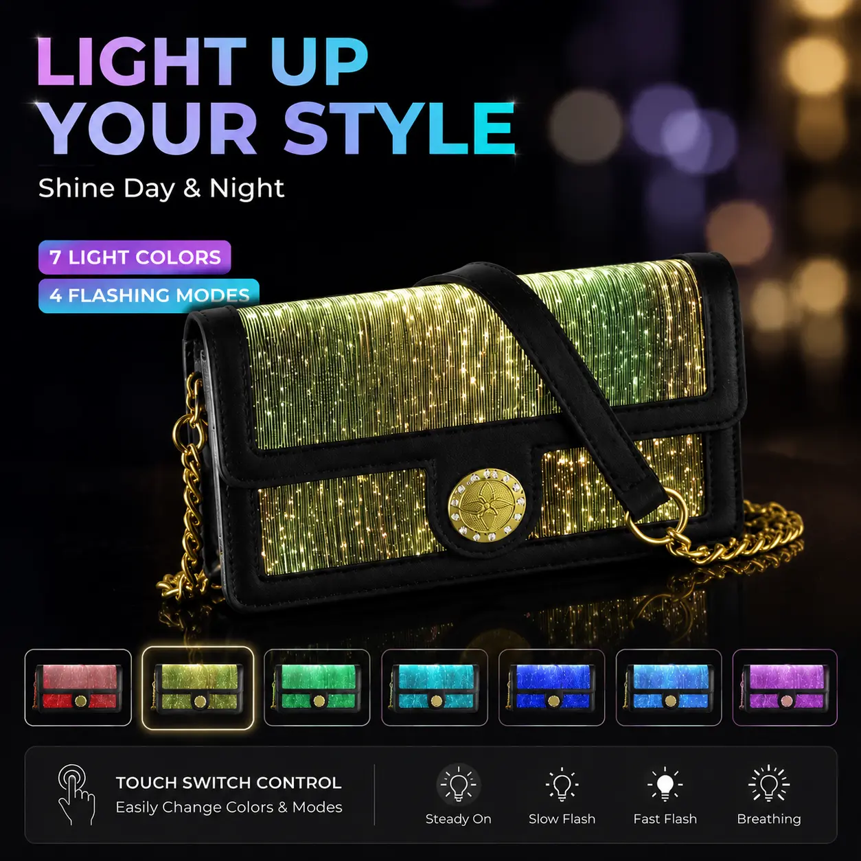 7 Color Glowing Fiber Optic Crossbody Bag Light Up Purse for Rave Party Night Out