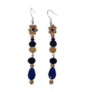 Earrings - Flower gold and navy long bead earrings on silver hook