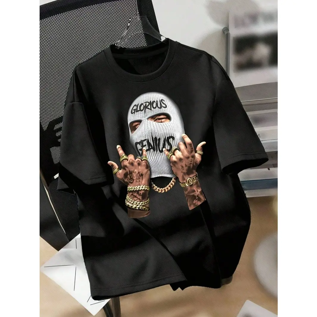Men's Mask Artwork Graphic T-Shirt - Casual Streetwear, Soft Cotton Blend, All Season, Foldable, Relaxed Loose Fit, Round Neck Short Sleeve, Retro Print Unisex Menswear Top