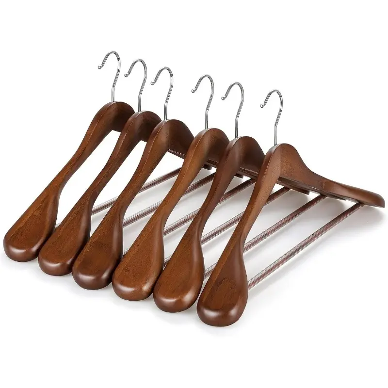 Vintage walnut wood hangers with a wide shoulder design, available in packs of 5 or 10. Curved wide-shoulder construction specifically designed for coats, suits, and trench coats; prevents bulging and leaves no marks while effectively protecting garment s