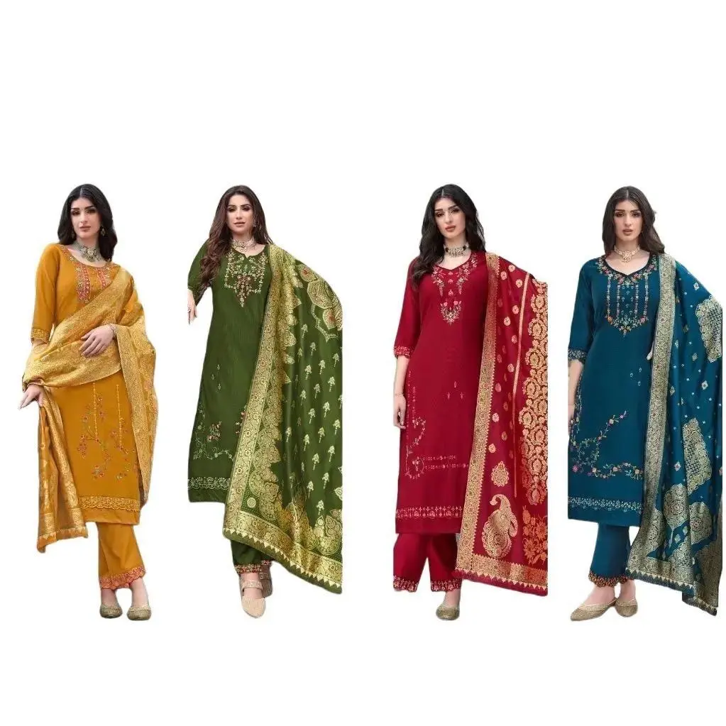 Women's 3-Piece Viscose Kurta Set with Handwork Embroidery, Jacquard Dupatta, Organza Lace Accents and Pocketed Pants, Elegance