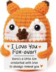Handmade Crochet Fox Plush Toy Cute Knitted Fox Doll with Card Holder Couple Gift Emotional Expression Kawaii Amigurumi Desk Decor Ornament for Home Office Room Display Shopping Mall Decoration