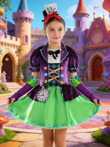 Dress Set with Sleeve Cover, Hat, Bubble Sleeves, Colorblock Trim, Elegant Bow, Matching Gloves