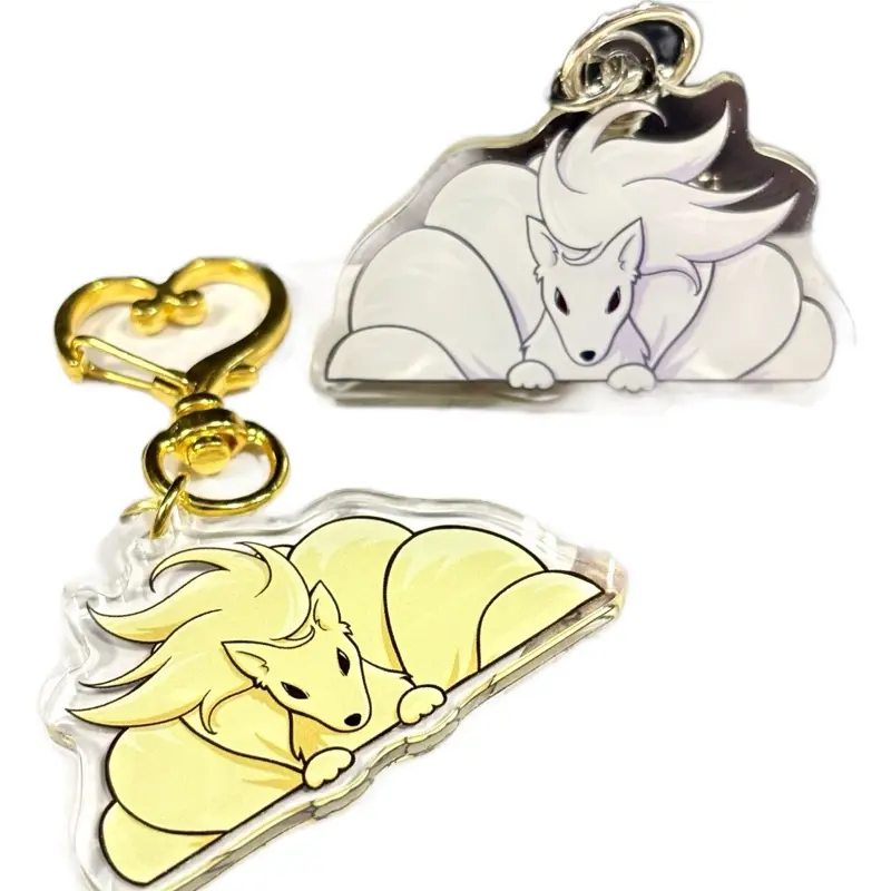 Double-Sided Pokemon Shiny Ninetails and Vulpix Keychain #0150 - Durable Acrylic with White & Yellow Design, Gold Heart Clasp, Perfect for Pokemon Fans