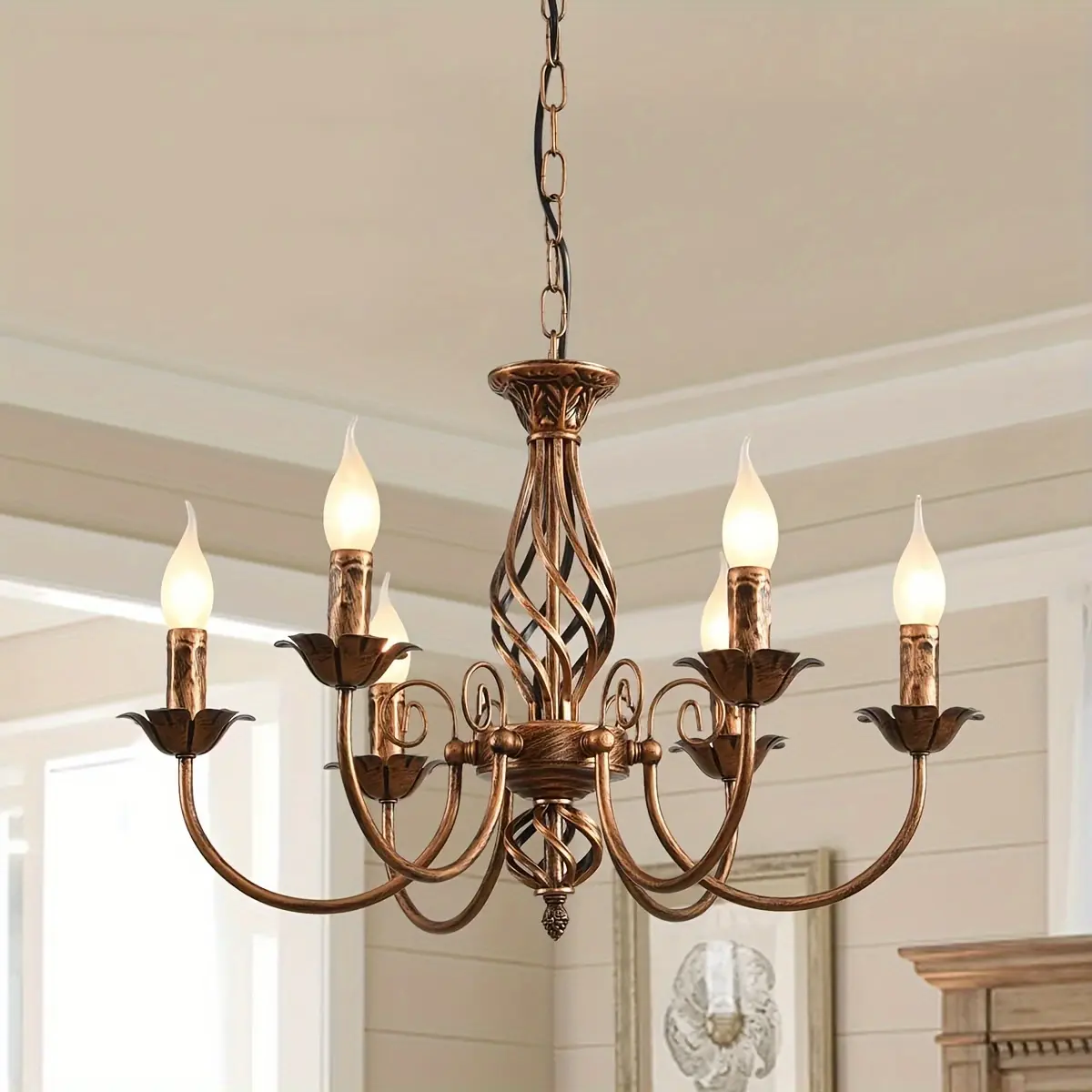 Farmhouse Chandelier Bronze, Rustic 6 Light French Country Iron Pendant Light Fixture, Vintage Metal Chandelier For Dining Room Kitchen Living Room Bedroom Hallway, E12 Base Decorative Lamp