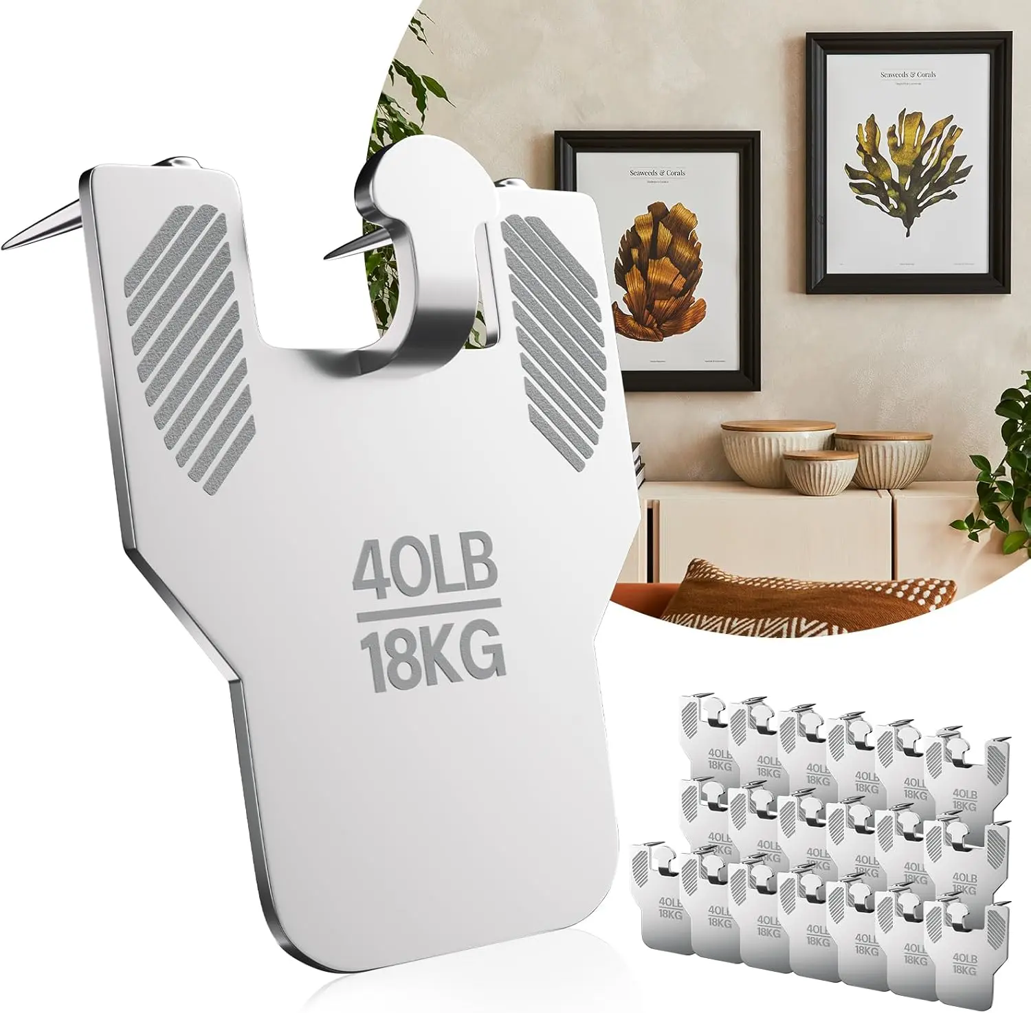 20pcs Heavy Duty No-Drill Claw Wall Hangers Kit, Durable Modest Hooks & Rails for Drywall - Easy Installation Saves Time, No Wall Marks Stable Hanging Mount for Large Decor, Picture Frames
