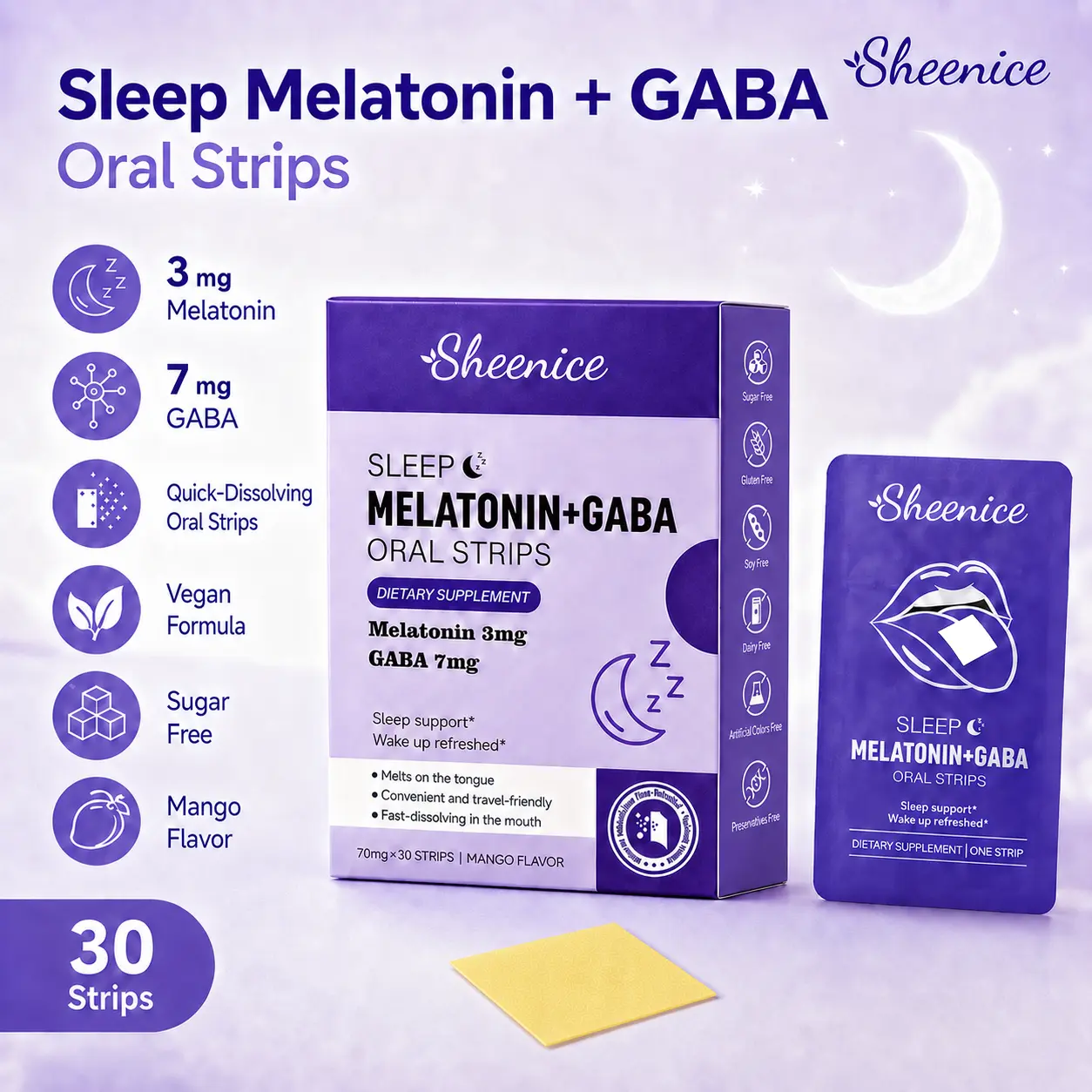 Sleep Quick Melt Strips | Dissolvable Sleep Support Supplement | Melatonin 3mg + GABA 7mg | Vegan, Sugar-Free, Mango Flavor | 30 Strips