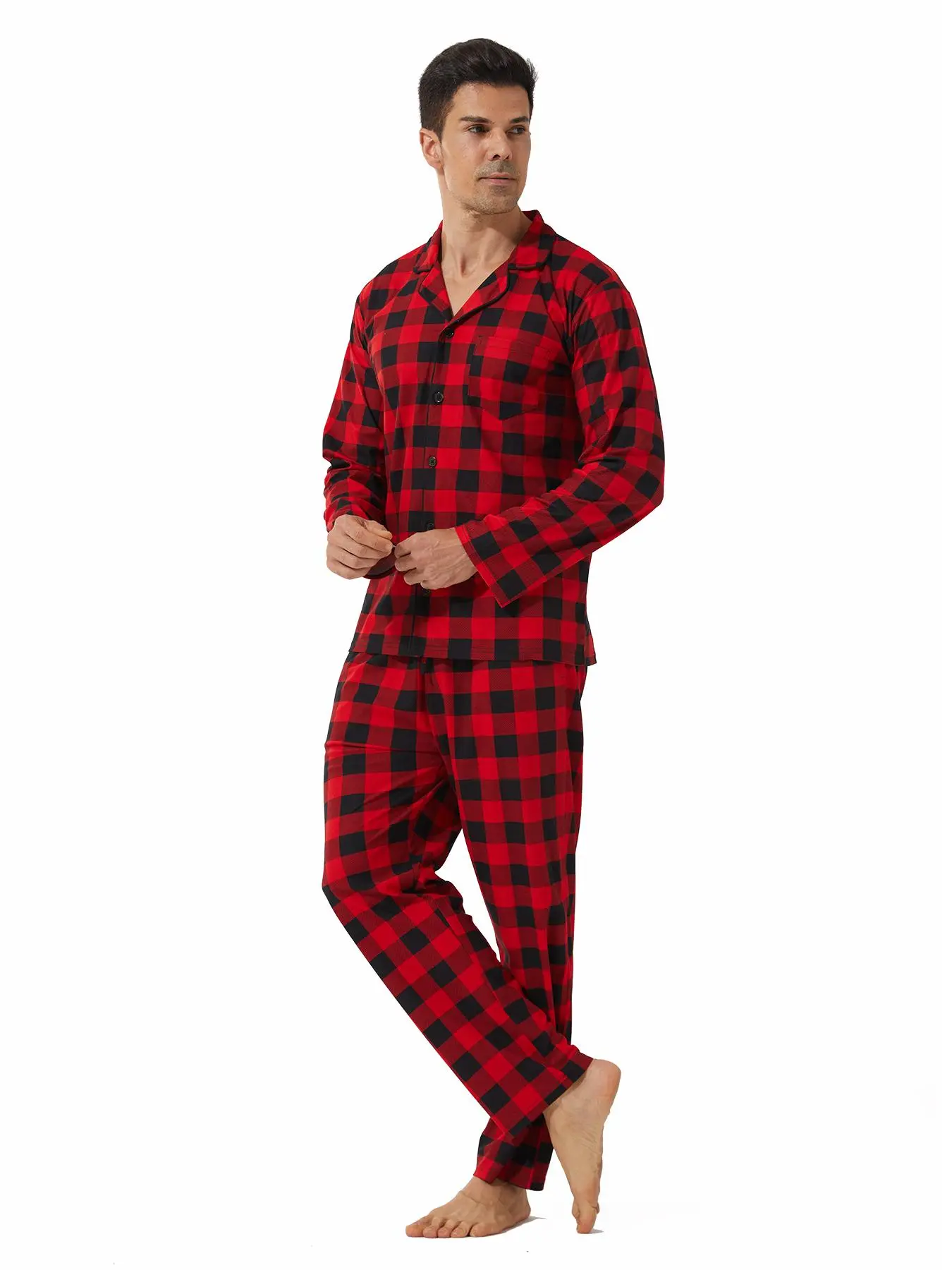 Two-Piece Set Men's Plaid Print Button Front Shirt & Pocket Pants Pajama, Casual Comfy Long Sleeve Lapel Neck Top & Trousers PJ Set, Men's Sleepwear for Fall & Winter Pajamas, Pajama Sets, Matching Sets, Pajamas for Adults, Lounge Sets