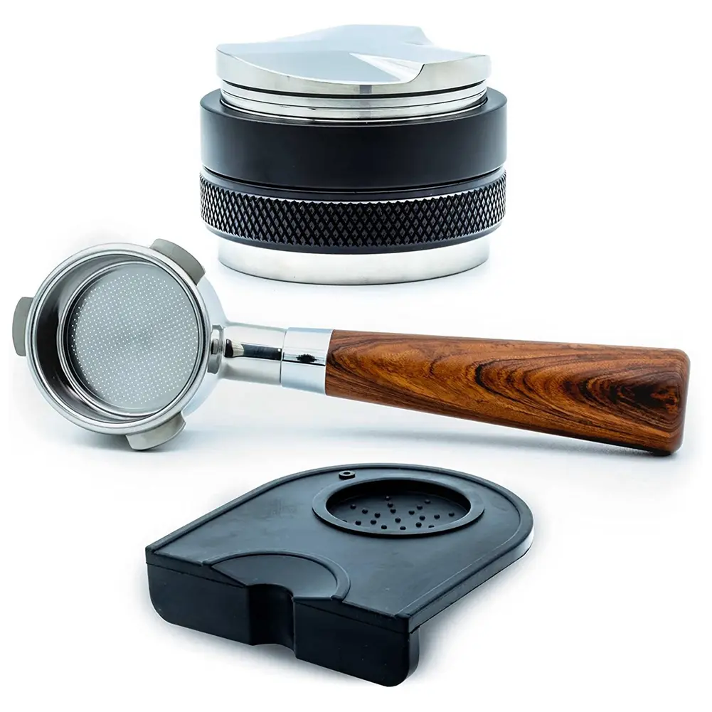 Espresso Kit - 54mm Wood Handle Bottomless Portafilter, 53mm Distributor & Tamper, Silicone Mat Coffee Making Tool for Breville Barista Series, Protects Counter Surface, Increase Espresso Quality, Coffee Equipment, Stainless Steel, Espresso Distribution T