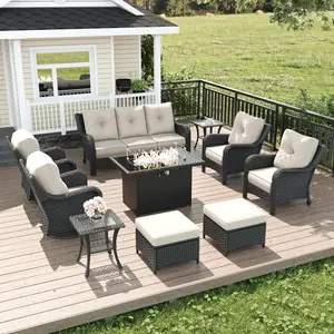 LayinSun 10 Piece Wicker Outdoor Furniture Set with 6-inch Comfy Cushions, High Back Patio Furniture Set with Swivel Rocking Chairs and Fire Pit Table