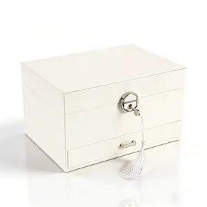 BOOVO Modern Large Rectangular Eco-Friendly 3-Tier PU Leather Jewelry Box with Drawer, Storage Organization for Rings, Earrings, Necklace Hooks, Space-Saving Home Organizer, Mother's Day Gift for Women