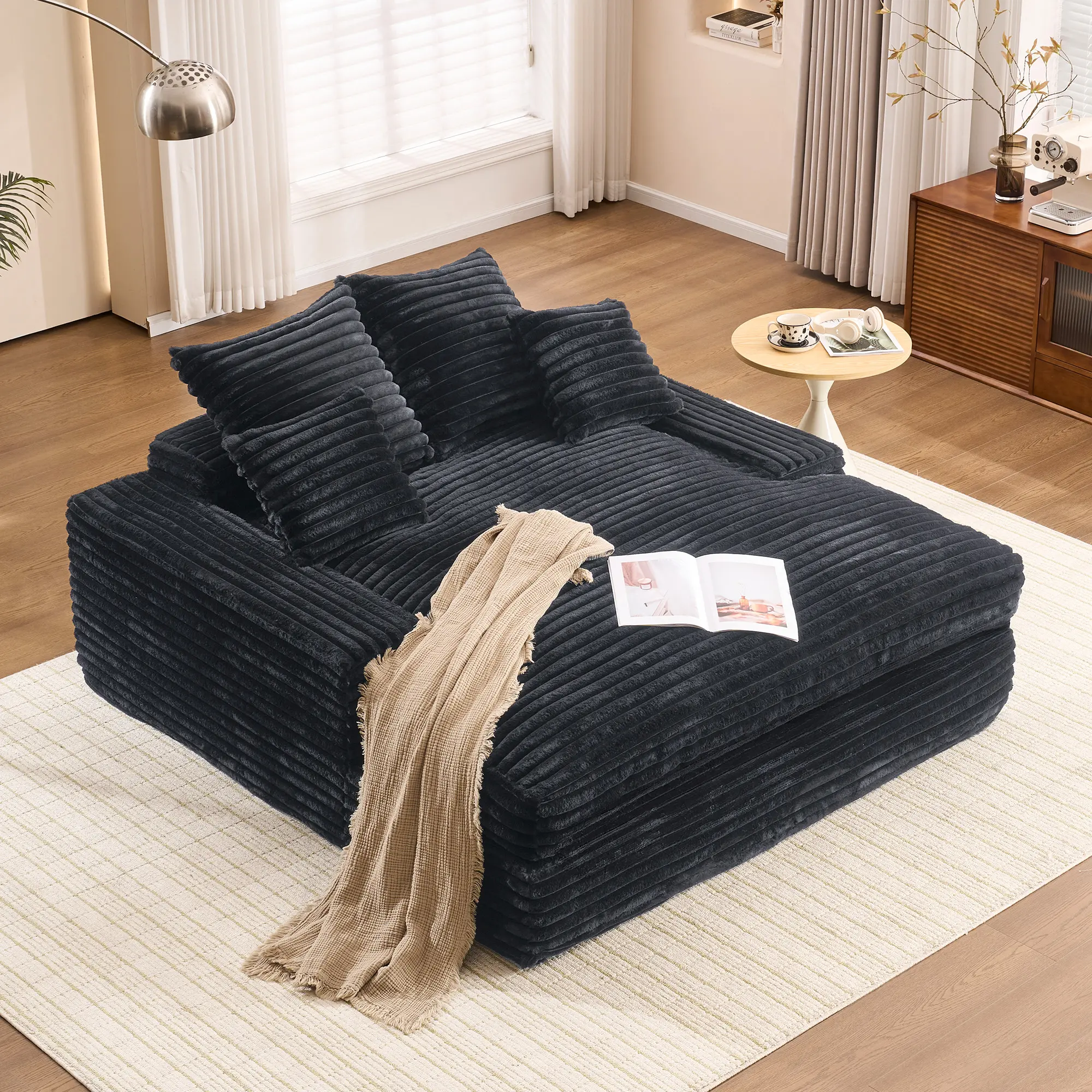Oversized Corduroy Boneless Chaise Lounge Chair, Upholstered Plush Sleeper Sofa Bed with Armrests & 4 Throw Pillows, Extra Large Foam‑Filled Floor Lounger for Living Room, Apartment & Small Space Decor