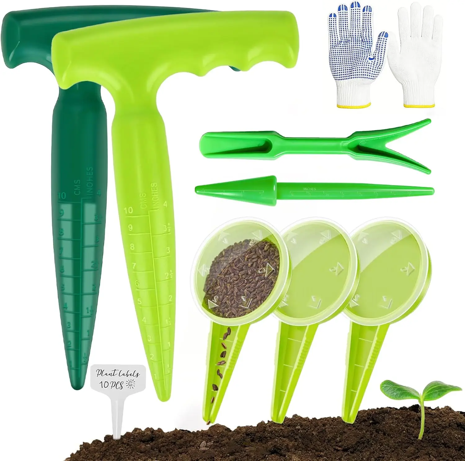 17-Piece Seed Planter Tool Kit, Garden Dibber with Scale, 5-Hole Seed Dispenser, Succulent Transplanting Tools with Plant Labels for Sowing Seeds, Bulbs & Seedlings