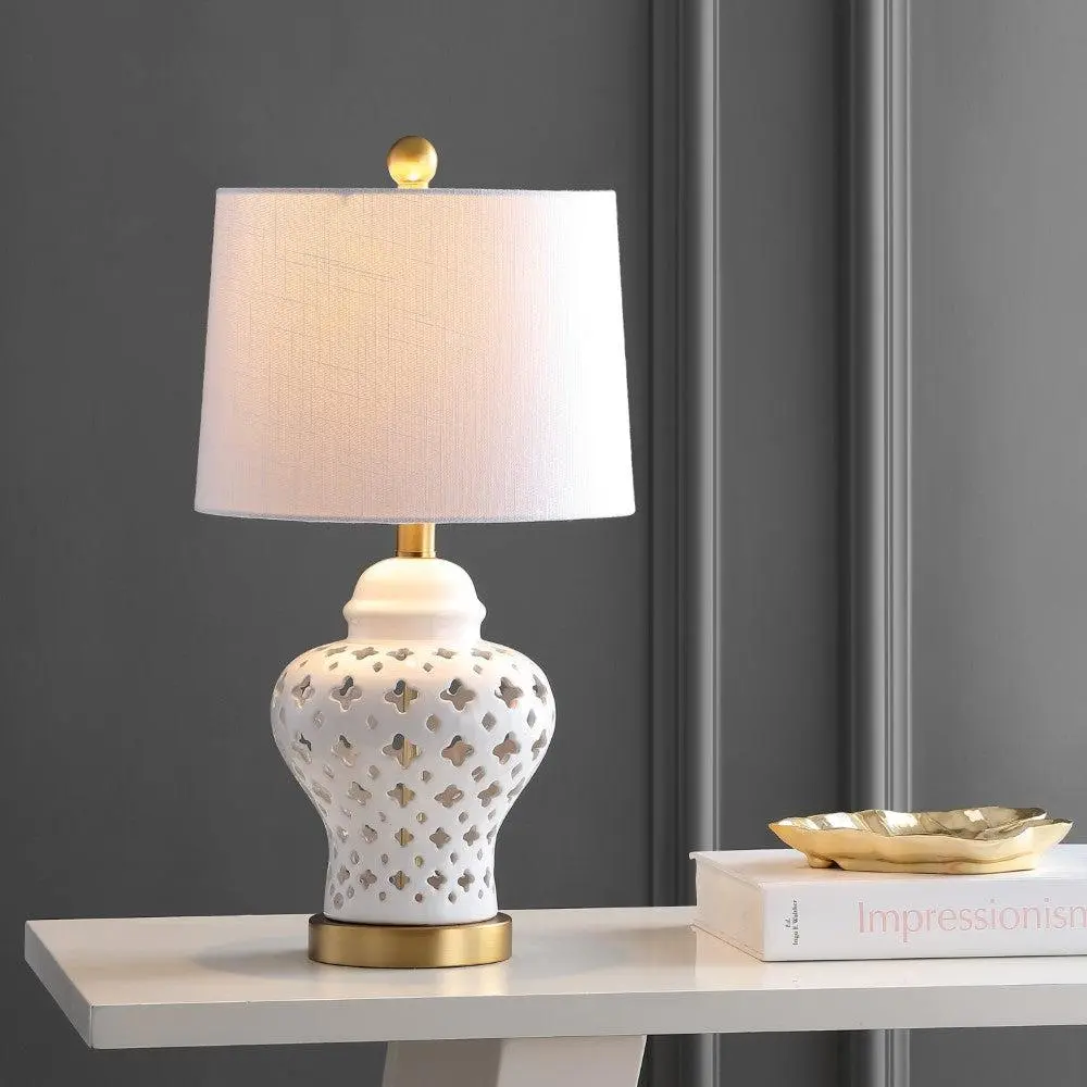 JONATHAN Y Quatrefoil Fretwork Pierced Ginger Jar Ceramic/Metal LED Table Lamp , for bedroom, living room, foyer, hallways, dining room, dorms