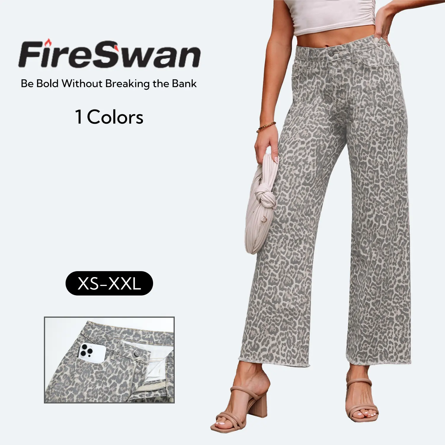 FireSwan 2026 new high waist jeans for women European and American fashion all-match leopard print brushed nine-point trousers for women Bootcut Stonewash Bottoms