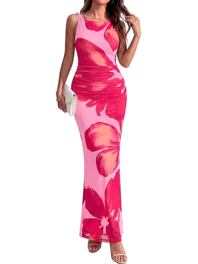 BTFBM Women Floral Cocktail Wedding Guest Dress Summer Spring 2026 Twist Strap Bodycon Mesh Beach Vacation Maxi Dresses #Clearance
