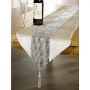 13inch x 72inch Table Runner with Diamante Strip and Tassels (Beige)