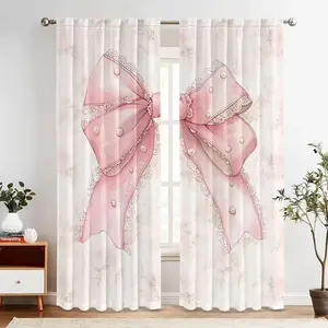 Cute Bow Print Curtains Set, Home Decoration Curtain, Fashionable Rod Pocket Window Drapes for Bedroom & Living Room, Comfortable Atmosphere, Easy Installation