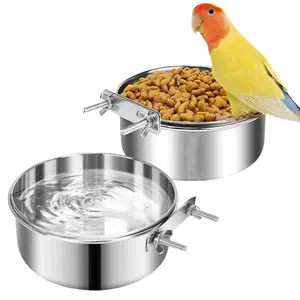Bird Feeder Food Bowl Set, Stainless Steel Hanging Waterer for Bird Cages, Suitable for Parrots Hamsters Rabbits, 3.93 Inch