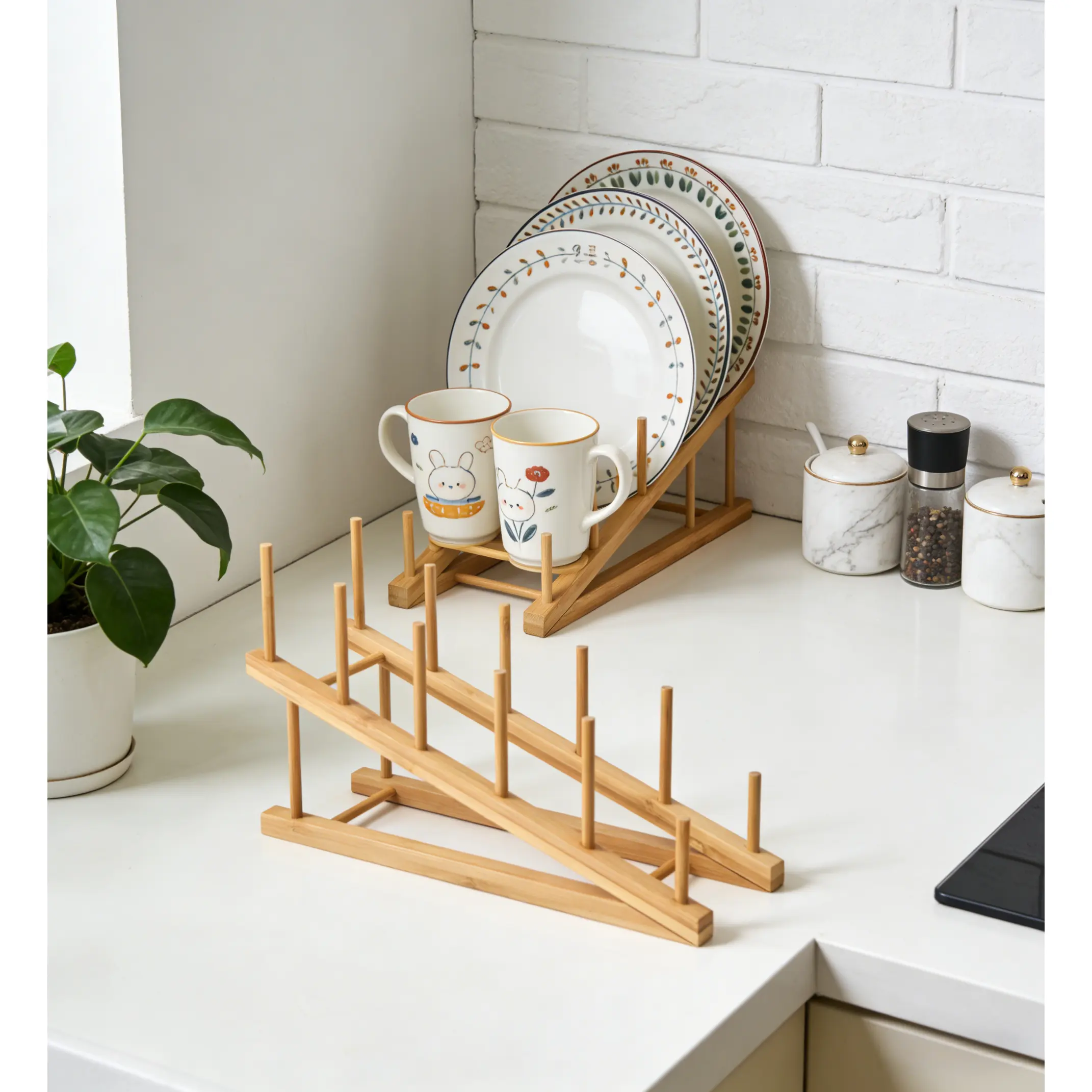 SICANDAENHK 1-Layer Natural Bamboo Wood Rectangle Dish Rack 2-Piece Set - Slim Profile Countertop Space Saver, Durable Organizer with 4-Corner Draining Boards (5 - 10 Kg Capacity) for Drying Plates, Bowls, Cups, Utensils