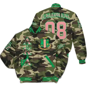A.K.A Custom Chapter Varsity Jacket, Personalized Camo Style 1908 Sorority Letterman, Alpha Kappa Alpha Pink Green Greek Sisterhood Member Gift