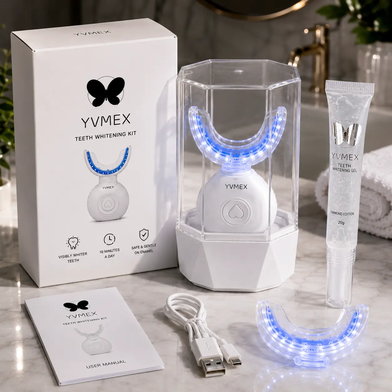 In-Stock Rechargeable Teeth Whitening Device with Wireless Charging, Wholesale Teeth Whitening Gel Set for Oral Care
