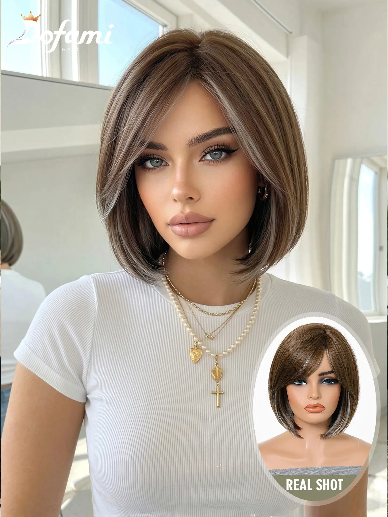 10 Inch Women's Shoulder-Length Straight Bob Wig, French Side Part Bangs, Synthetic Material, Daily Wear, Cosplay, Universal Style, Synthetic Bob Wigs