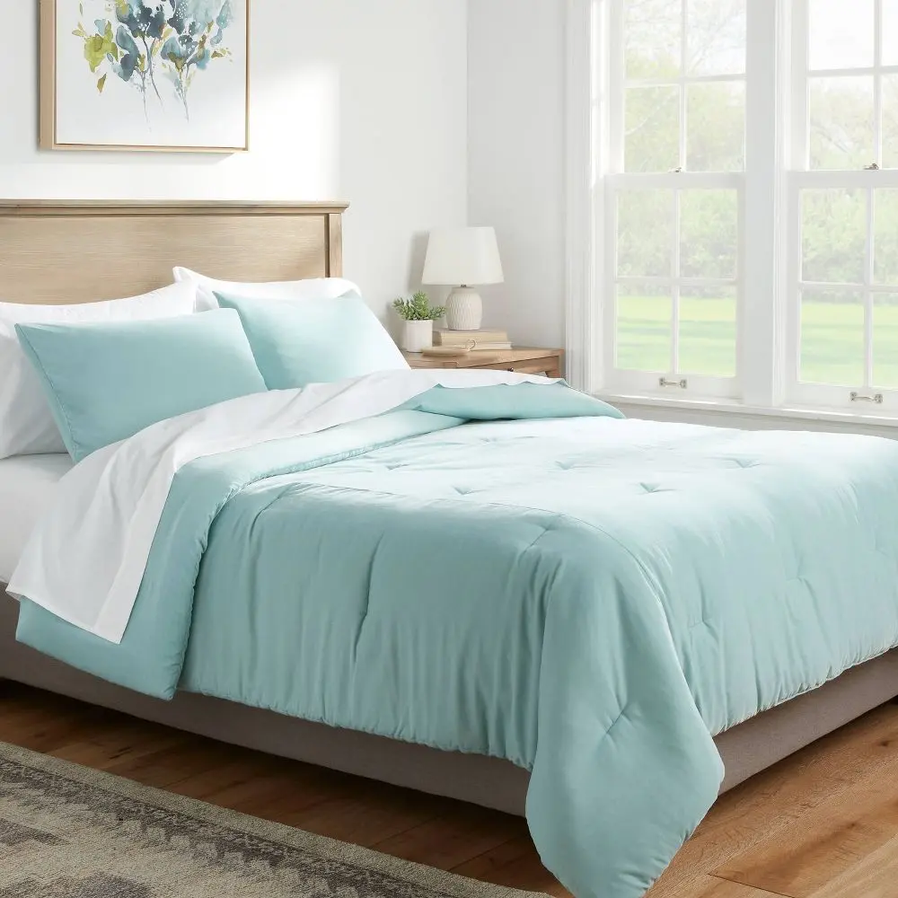King Lustrous Velvet Comforter & Sham Set Light Teal Blue - Threshold: Plush Polyester Bedding OEKO-TEX Certified