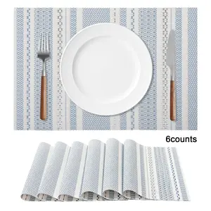 Boho Vinyl Placemats Set of 6, Durable Woven Place Mats, Washable Heat Resistant PVC Table Mats, Blue, for Parties Weddings Dining Banquet, Coasters