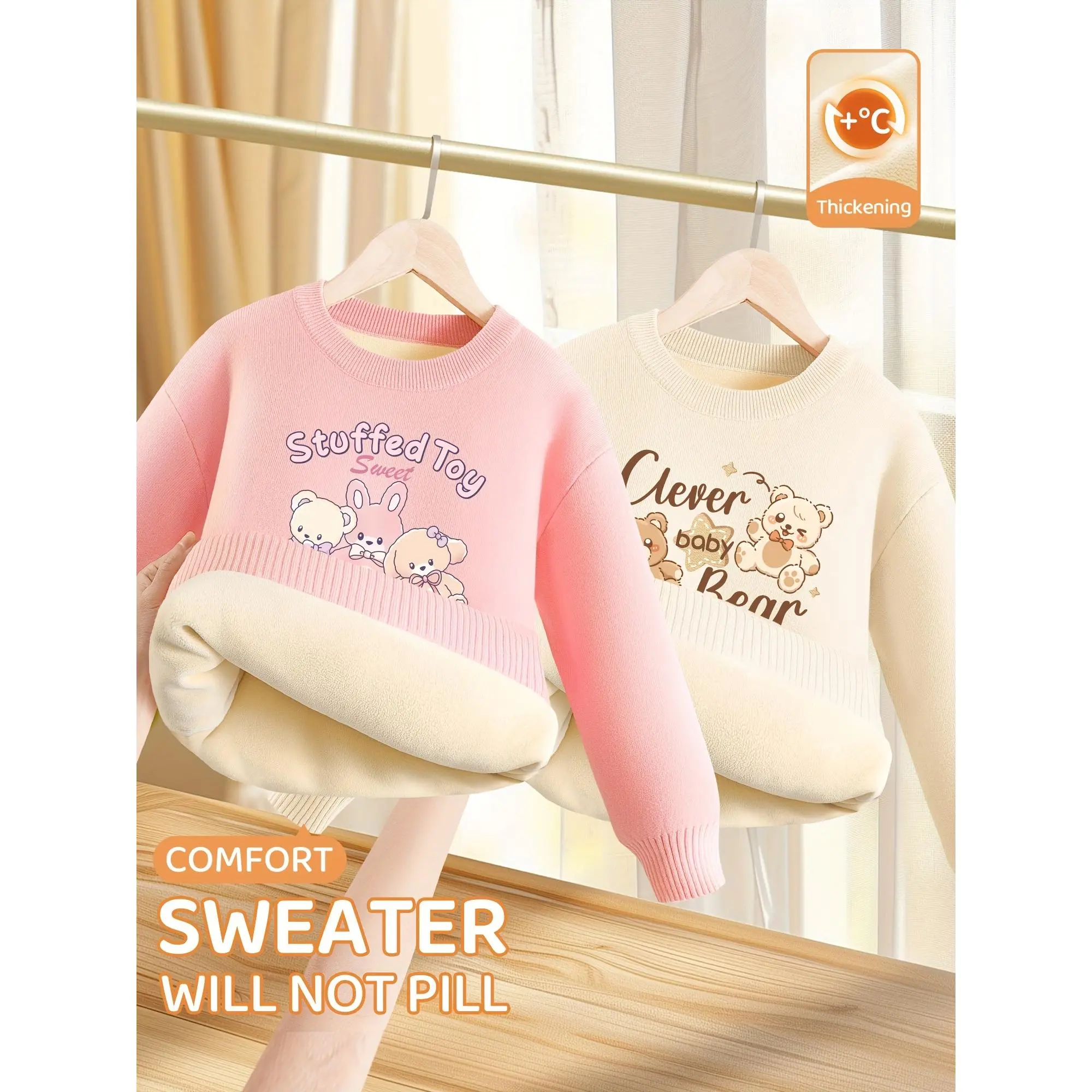 2pcs Girls' Thickened Winter Sweaters - Soft Pink & with Cute Cartoon Bear & Rabbit Print, Long Sleeve Round Neck Pullover Sweaters for & Kids, Knit, Machine Washable Warm Fall/winter Outfits, Sweater For Girls, Kids Winter Wear