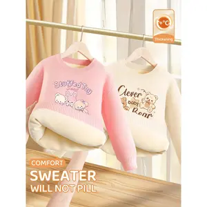 2pcs Girls' Thickened Winter Sweaters - Soft Pink & with Cute Cartoon Bear & Rabbit Print, Long Sleeve Round Neck Pullover Sweaters for & Kids, Knit, Machine Washable Warm Fall/winter Outfits, Sweater For Girls, Kids Winter Wear