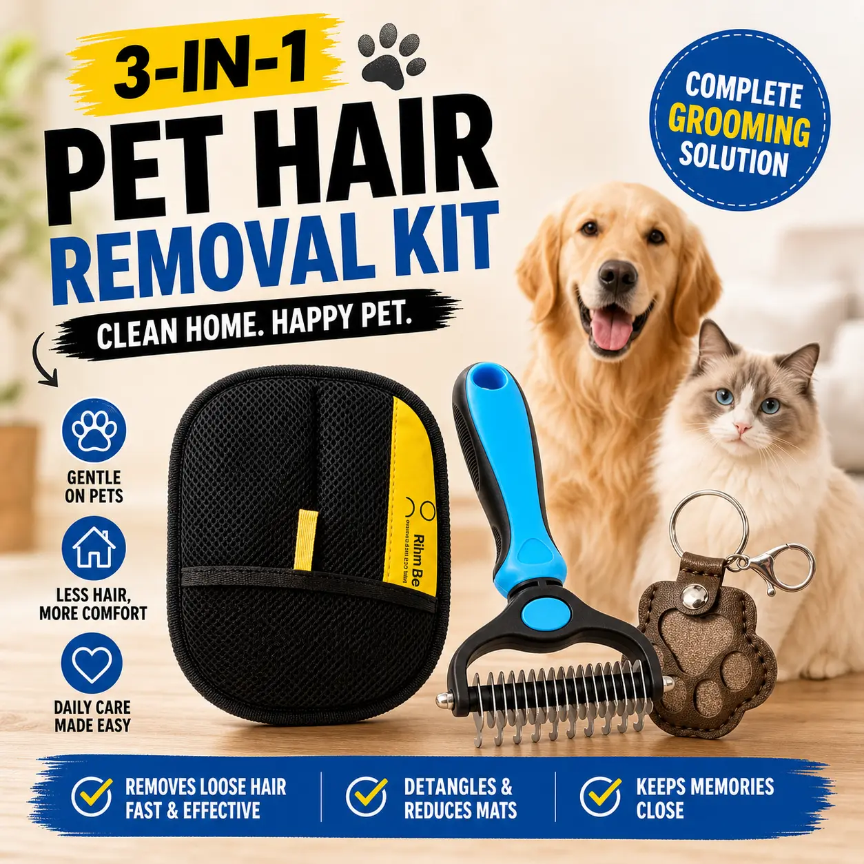 3-in-1 Stainless Steel Pet Grooming Kit - Deshedding Tool, Double-Sided Undercoat Rake, Detangling Comb, Ergo Handle, Portable Storage Bag, Cute Paw Keychain for Dogs & Cats Loose Coat Removal, Dematt & Remove