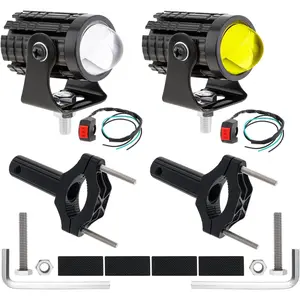 2pcs 32W LED Motorcycle Headlight with Switch, Yellow White Dual Color Hi/Lo Beam for Motorcycle, 2400LM 3000K 6000K Crash Bar Front Fork Spotlight (Spotlights+Brackets (2 pack)),cars accessories,car stuff, Motorcycle Accessories