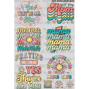 Hot Mess Mom Mini DTF Transfer Gang Sheet 24.5" Wide x 36" Long Direct To Film Trendy Vibrant Designs for Stylish Wardrobe
