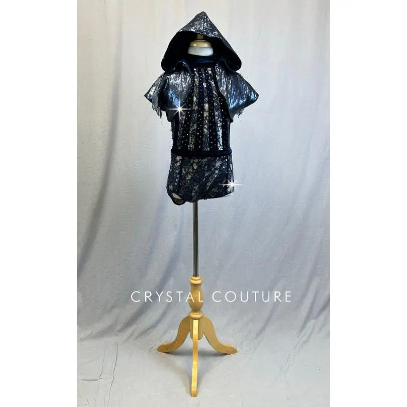 Navy Lace and Velvet Leotard with Hooded Crop - Rhinestones