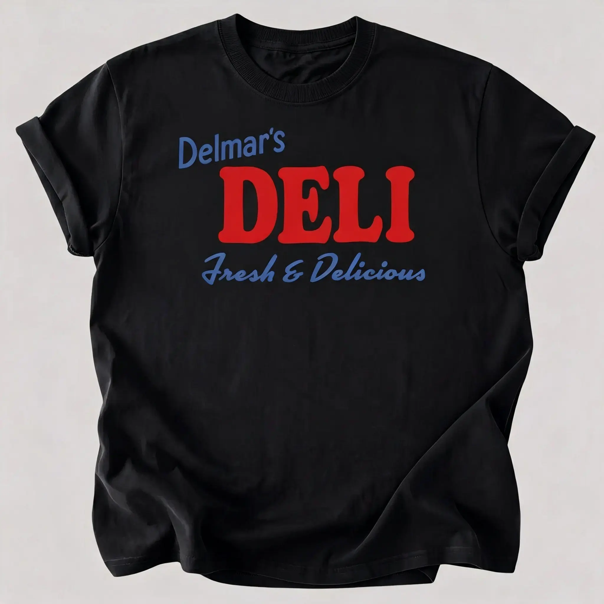 Men's Short-Sleeve Round Neck T-Shirt, Menswear Casual Comfortable Top with Delmar’s Deli Fresh and Delicious Graphic Design