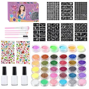 Glitter Temporary Tattoo Kit, High Quality Glitter, 24 Color Glitter Tattoo Pigment with 2 Glue & 3 Template Paper, Body Art Makeup Kit for Stage Performance, Party, Cosmetic