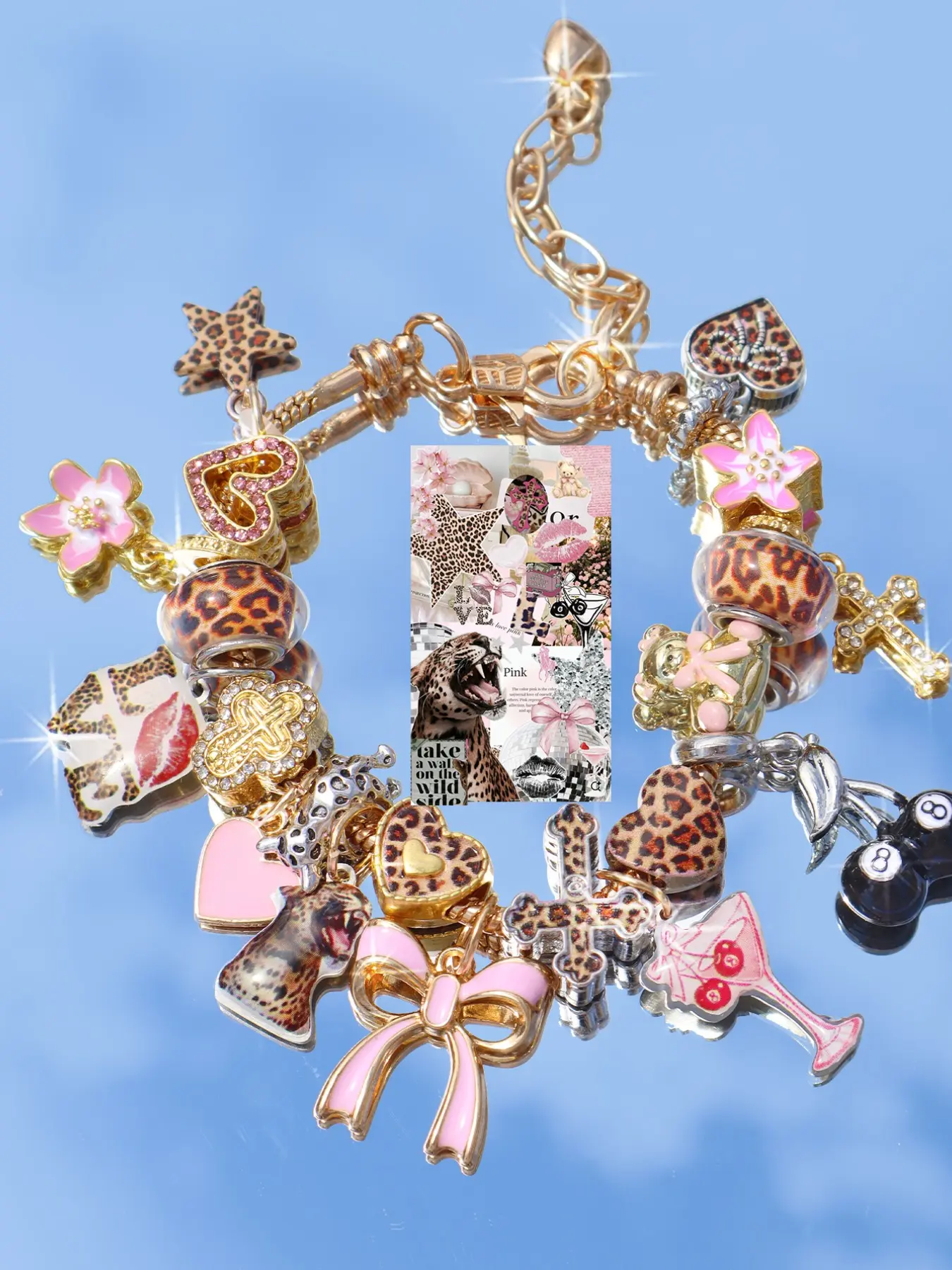 Cute Leopard Print Butterfly Knot Heart Charm Bracelet, DIY Cherry Heart Bracelet, Leopard Letter Cross Bracelet, Exquisite Trendy Bracelet, Fashionable Accessory, Handchains, Alloy Chain Bracelet