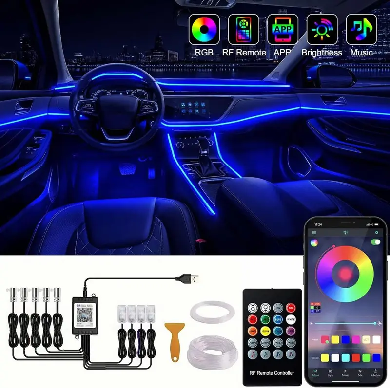 9-in-1 RGB Car Interior Ambient Light Kit – APP & Remote Control, Music Sync, Multicolor LED Lighting
