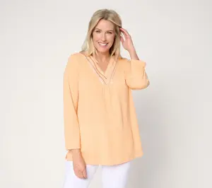 Denim & Co. Beach Petite Knit Gauze Embroidered V-Neck Tunic