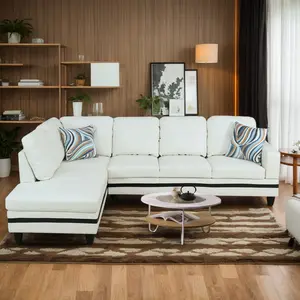 Living Room Sofa Set 2 Pieces Sectional Sofa Set,Ottoman L-Shape Sofa Faux Leather Couch with Chaise for Living RoomOfficeApartment Indoor Furniture White