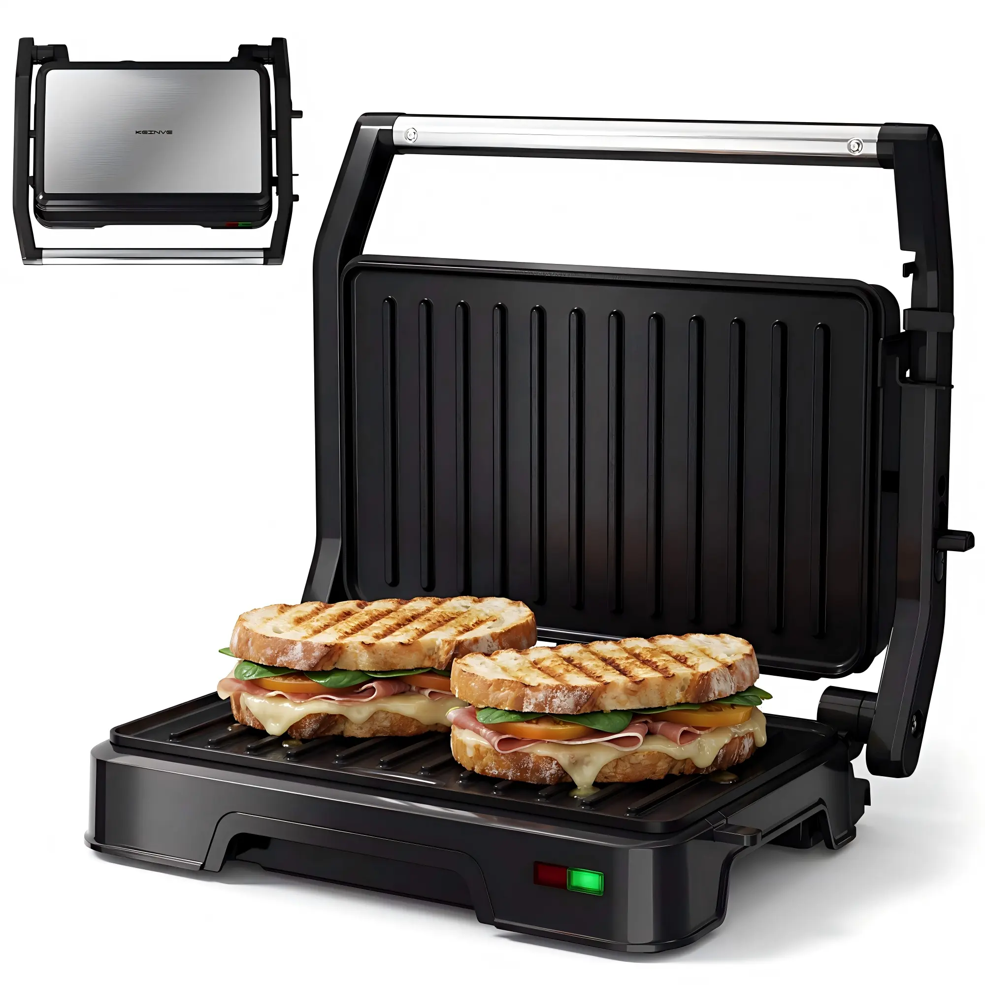 KEINVE 2-Slice Panini Press Grill & Sandwich Toaster - 900W Kitchen Appliances Electric Grill with 180° Adjustable Hinge, Nonstick Cast Aluminum Plates, Nonstick Griddle, Easy Cleaning for Panini, Steak, Bread